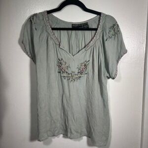 Vintage Y2K Embroidered Blouse Womens Sz L Sage Green Gray Boho Peasant Top